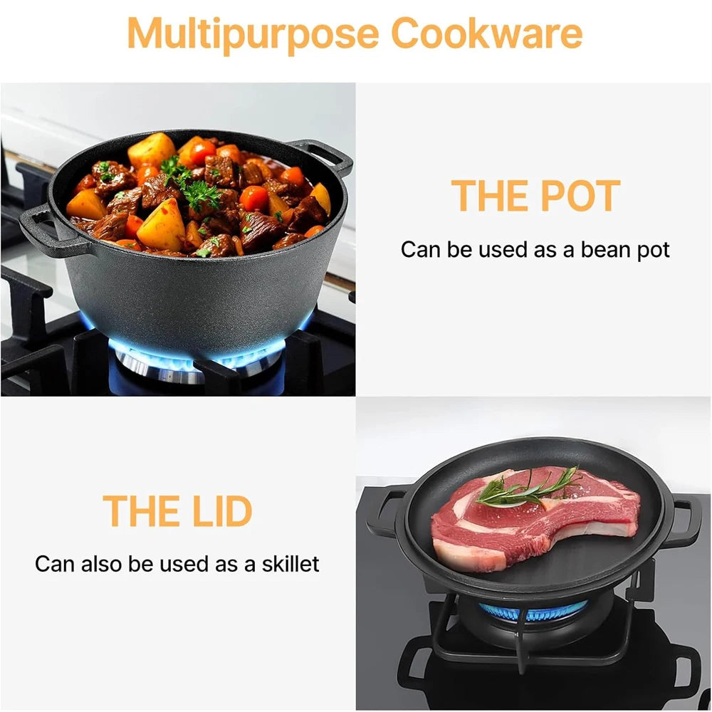 Pre-Seasoned 26cm Cast Iron Dutch Oven with Skillet Lid, Dual Handles – 2-in-1 Combo Pot & Pan Set – Includes Anti-Slip Mat & Silicone Clips, Multi-Purpose Cookware Set, Best for Frying, Searing,Stewing, Roasting, Bread, Baking, Camping & BBQ