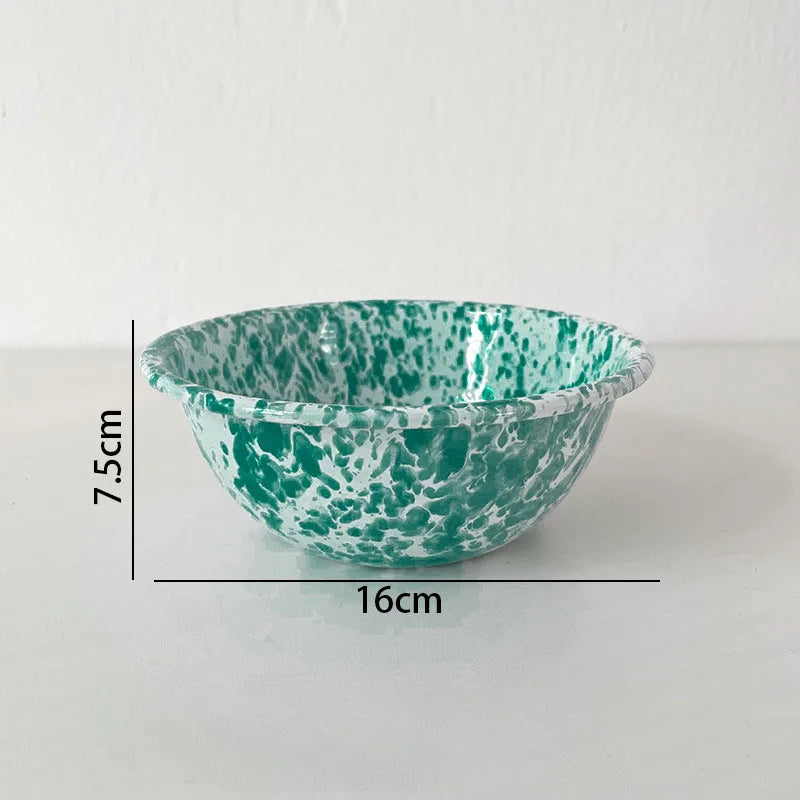 Retro Enamel Dinnerware | Splash Ink Pattern | Plates, Bowls, Cups & Spoons | Assorted Designs F-bowl