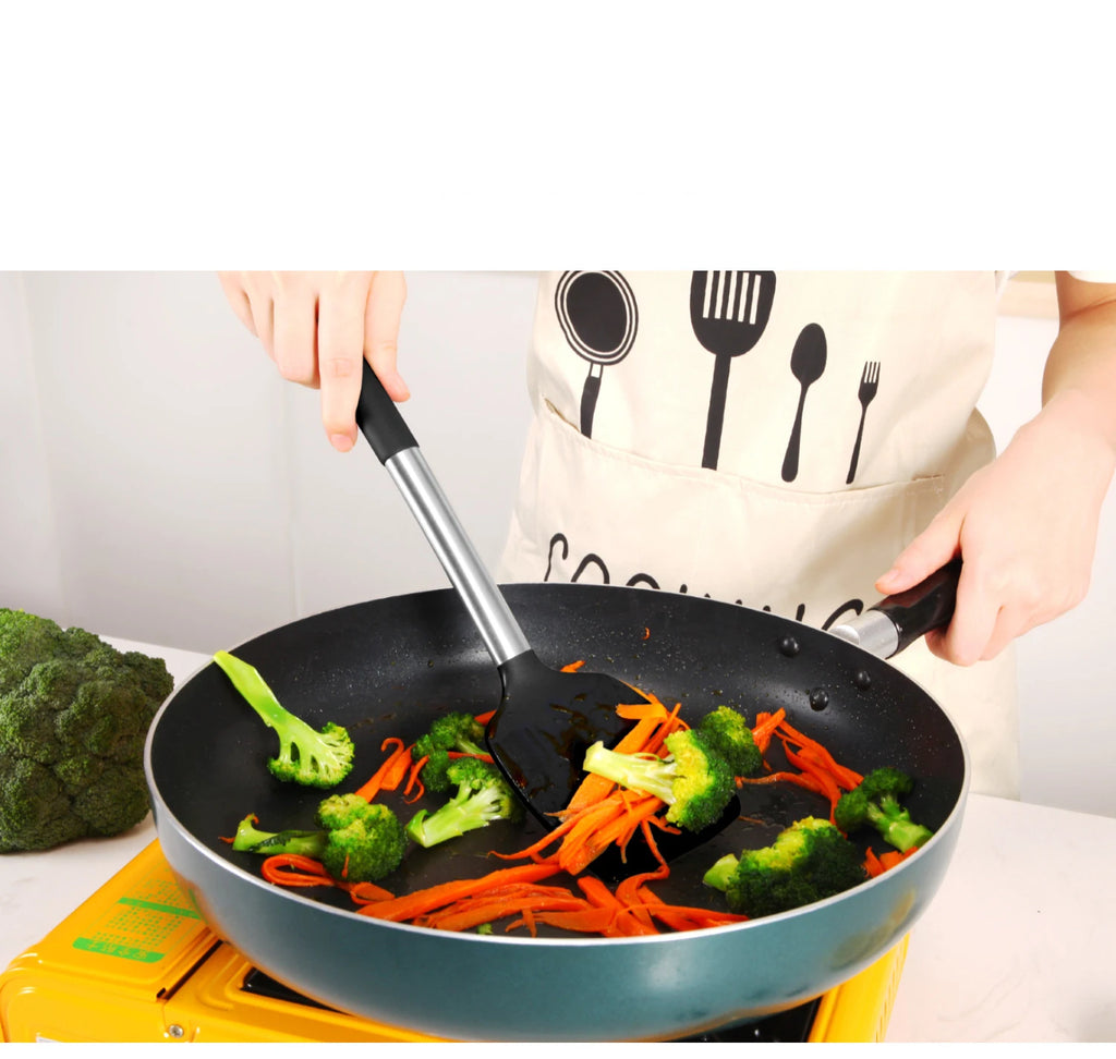 Silicone Kitchen Utensils Set with Stainless Steel Handles – Non-Stick, Heat-Resistant Cooking Utensils for Everyday Cooking & Baking, Available in 4 Colours & Multiple Set Sizes