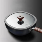 24cm Refined Iron Square Deep Skillet with Glass Lid & Wooden Handle – No Coating, Flat Bottom, Deep Wok-Style Stir Fry Pan, Great Cookware for Frying, Boiling, and Stir-Frying