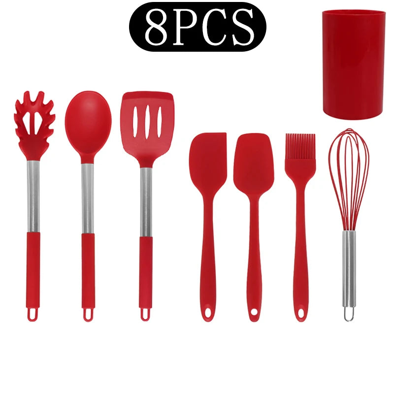 Silicone Kitchen Utensils Set with Stainless Steel Handles – Non-Stick, Heat-Resistant Cooking Utensils for Everyday Cooking & Baking, Available in 4 Colours & Multiple Set Sizes 8-Piece Red