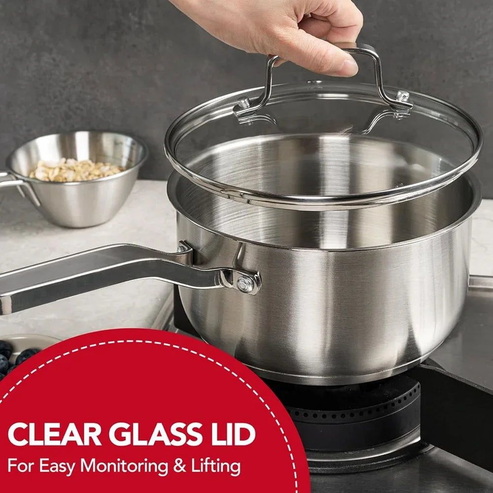 Stainless Steel Saucepan, 16cm/1QT – Induction Compatible with Glass Lid, great for boiling, steaming, and cooking sauces, soups, and small portions.