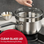 Stainless Steel Saucepan, 16cm/1QT – Induction Compatible with Glass Lid, great for boiling, steaming, and cooking sauces, soups, and small portions.