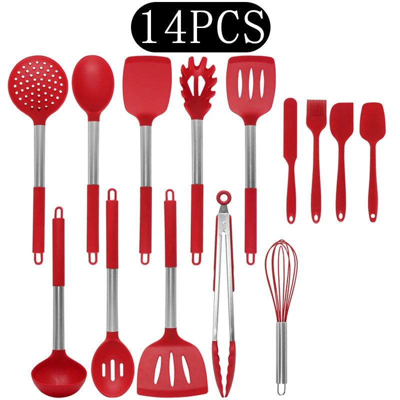 Silicone Kitchen Utensils Set with Stainless Steel Handles – Non-Stick, Heat-Resistant Cooking Utensils for Everyday Cooking & Baking, Available in 4 Colours & Multiple Set Sizes 14-Piece Red