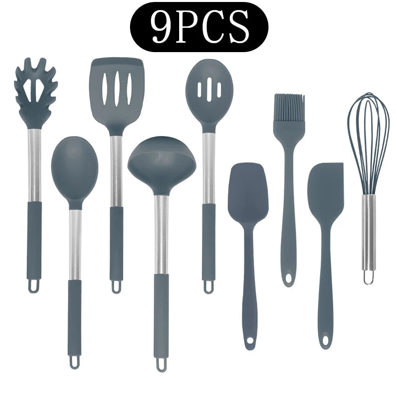 Silicone Kitchen Utensils Set with Stainless Steel Handles – Non-Stick, Heat-Resistant Cooking Utensils for Everyday Cooking & Baking, Available in 4 Colours & Multiple Set Sizes 9-Piece Grey