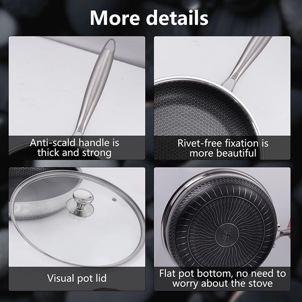 28cm Honeycomb Stainless Steel Nonstick Skillet with Glass Lid – 304 Stainless Steel, Scratch Resistant, Induction Compatible, Great for Frying, Sautéing, and Everyday Cooking
