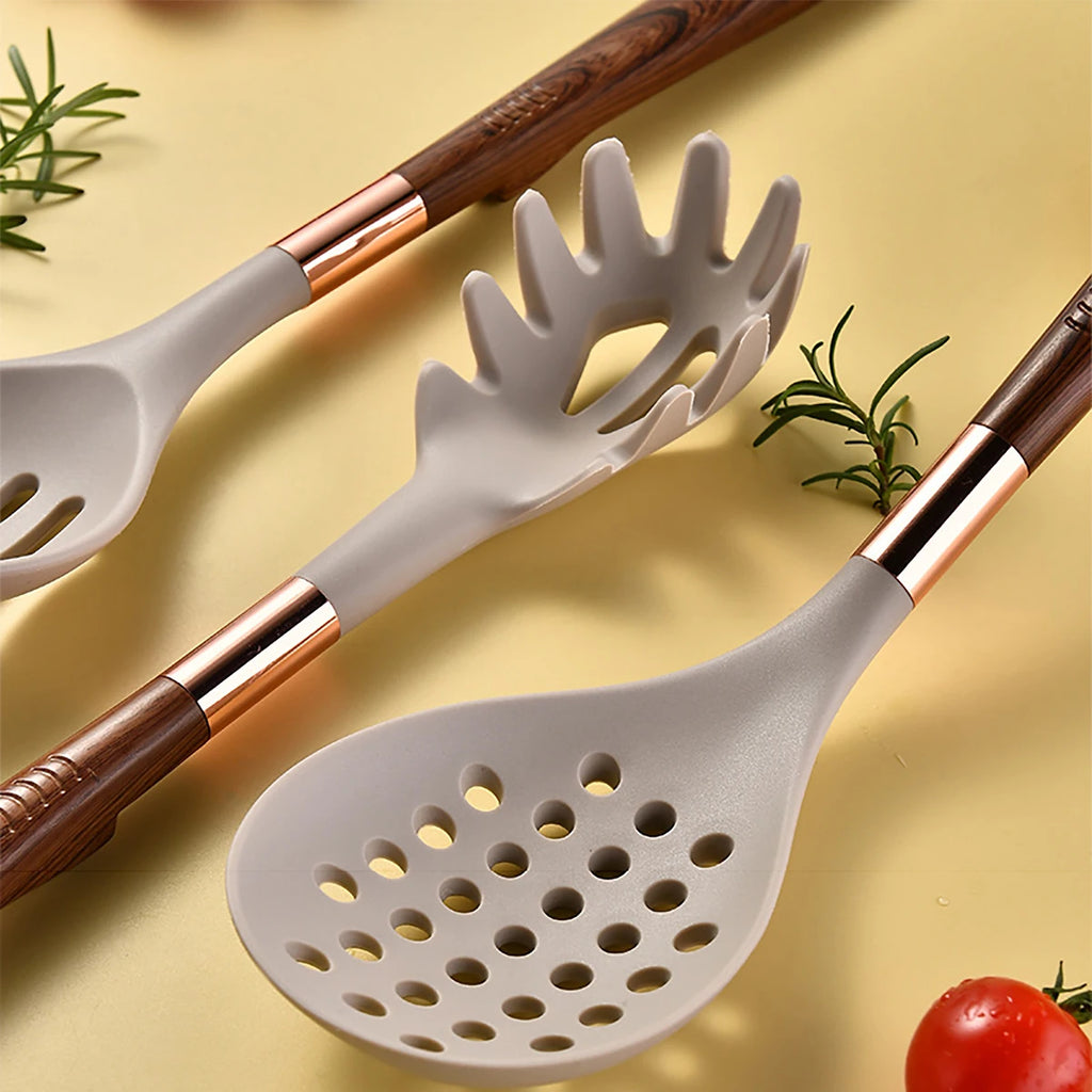 7-Piece Silicone Kitchen Utensil Set – Rose Gold Accents with Wood-Pattern Handles, Heat-Resistant for Non-Stick Cookware