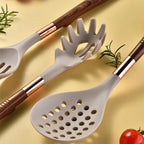 7-Piece Silicone Kitchen Utensil Set – Rose Gold Accents with Wood-Pattern Handles, Heat-Resistant for Non-Stick Cookware