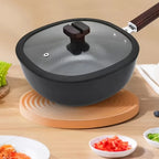 24cm Refined Iron Square Deep Skillet with Glass Lid & Wooden Handle – No Coating, Flat Bottom, Deep Wok-Style Stir Fry Pan, Great Cookware for Frying, Boiling, and Stir-Frying
