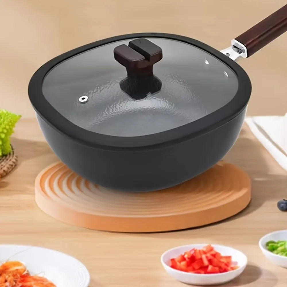 24cm Refined Iron Square Deep Skillet with Glass Lid & Wooden Handle – No Coating, Flat Bottom, Deep Wok-Style Stir Fry Pan, Great Cookware for Frying, Boiling, and Stir-Frying