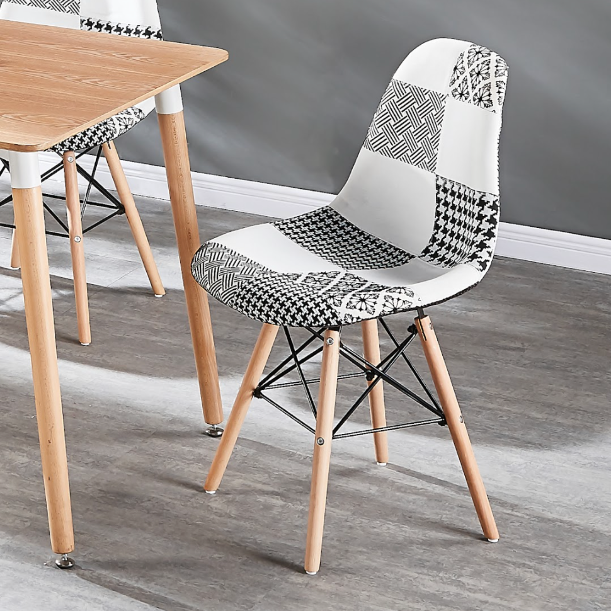 Black/White Patchwork Modern Dining Chair with Wooden Legs & Black Metal Wire Frame