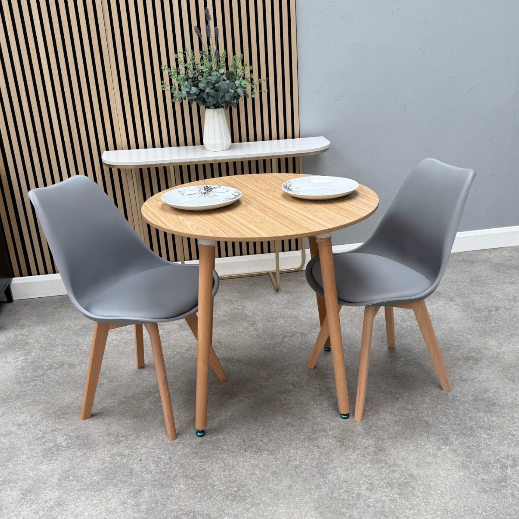 Round Dining Set of 2 Grey Pack of 2 Oak