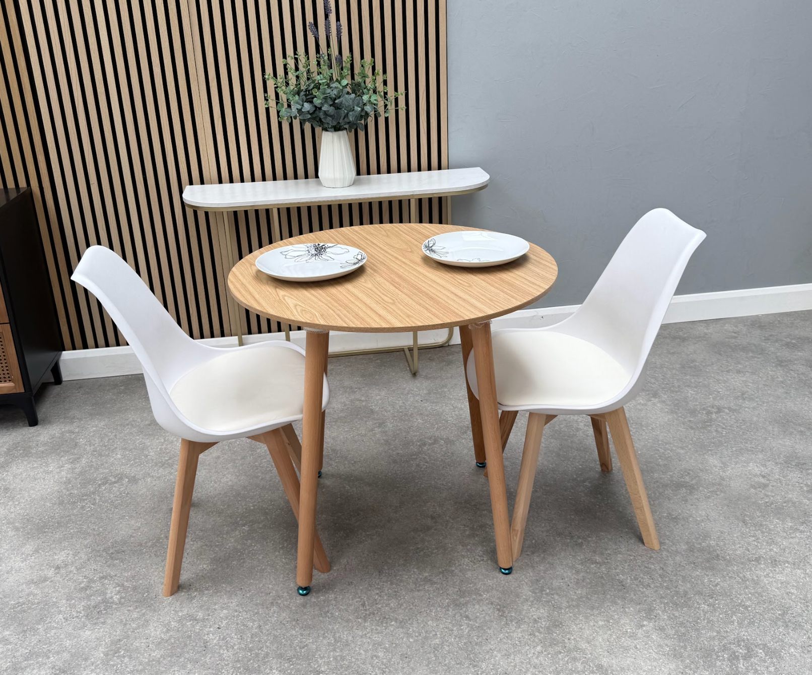 Round Dining Set of 2 White Pack of 2 Oak
