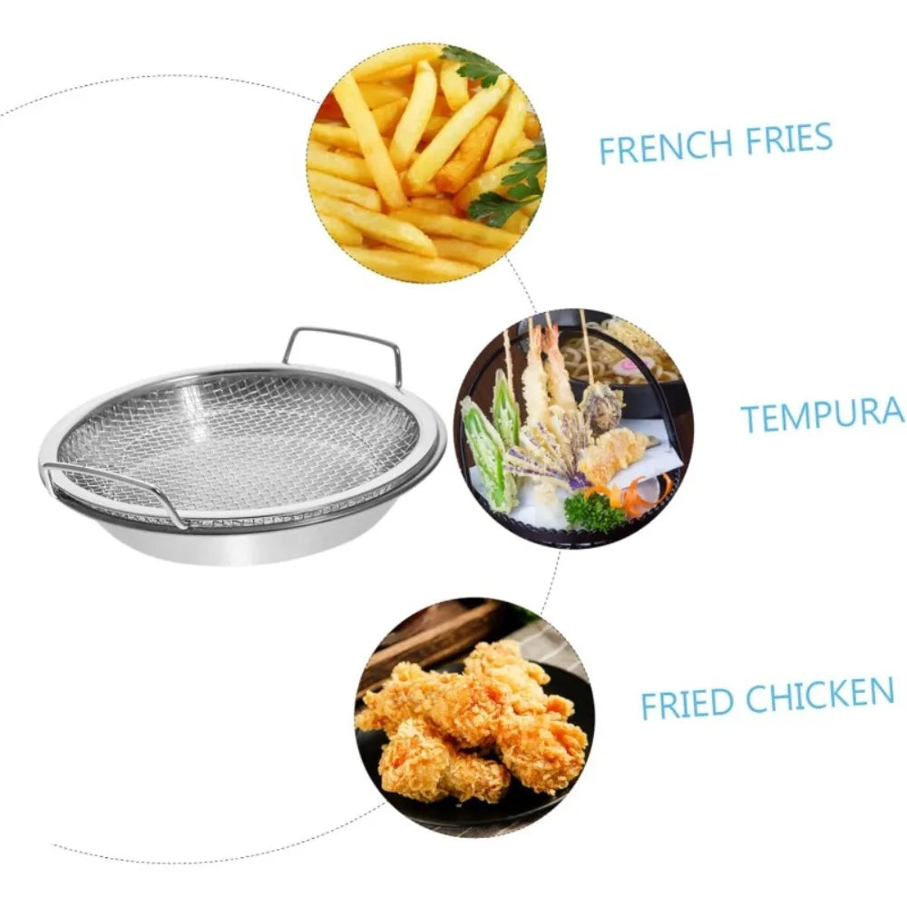 Multi-Use Round Stainless Steel Frying Oil Strainer/Drainer Mesh Rack with Elevated Handles and Drip Tray Set, 2-in-1 Mesh Basket & Tray Combo for Fried Foods, Chicken, Fries & Tempura, Strainer, Vegetable Washing & Baking Cooling