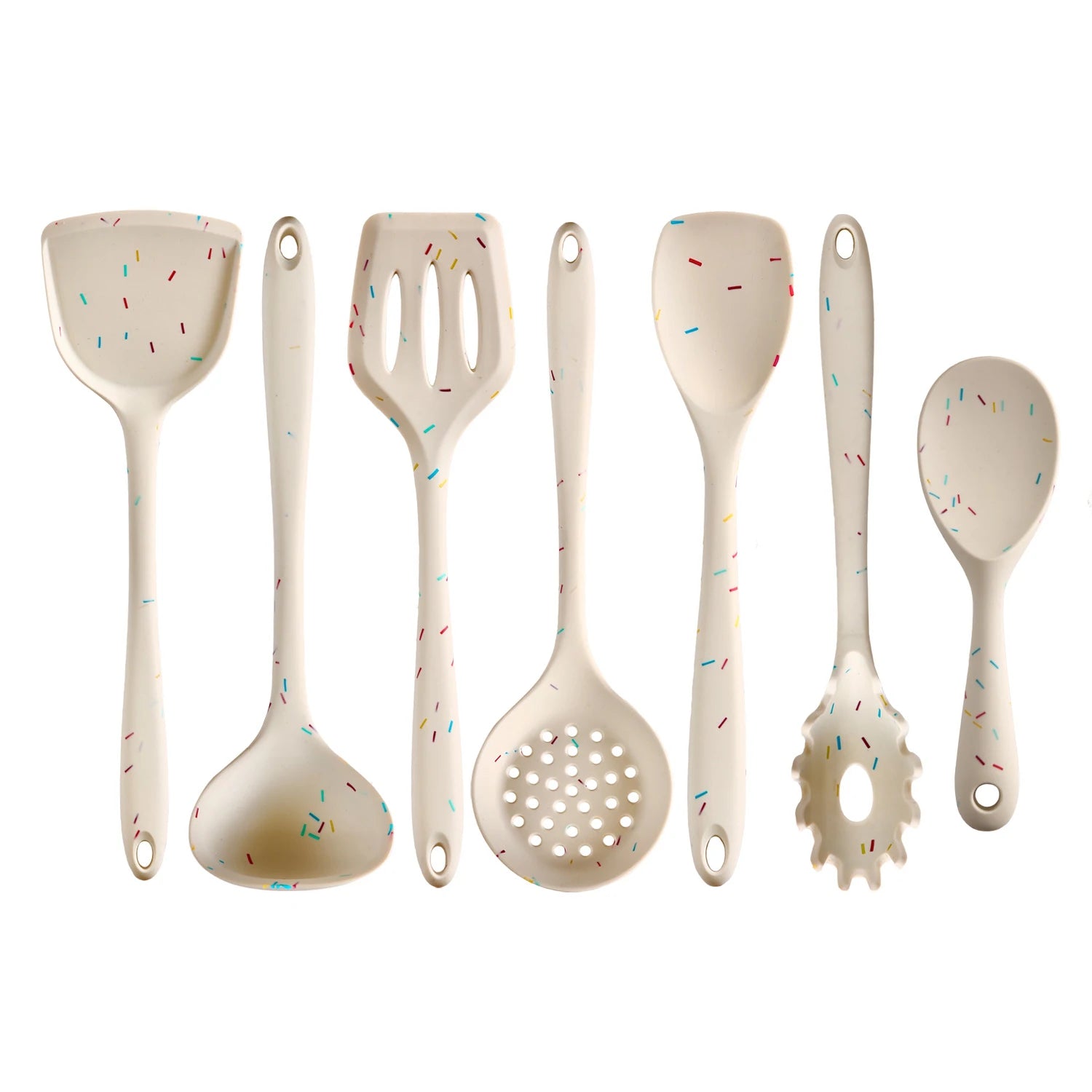7-Piece Silicone Cooking Utensil Set – Food-Grade Silicone, Long Handle Soup Ladle, Skimmer, Stir Fry Spatula, Slotted Spatula, Spaghetti Server, Rice Spoon, Spoon Spatula, High Temperature Resistant, Great for Cooking and Baking 7-Piece Full Set