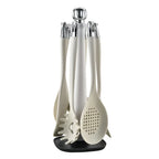7-Piece Silicone Kitchen Utensils Set with 360° Rotating Countertop Holder – White silicone heads and handles with silver-tone stainless steel hanging hooks/end caps. Heat-Resistant, Dishwasher Safe