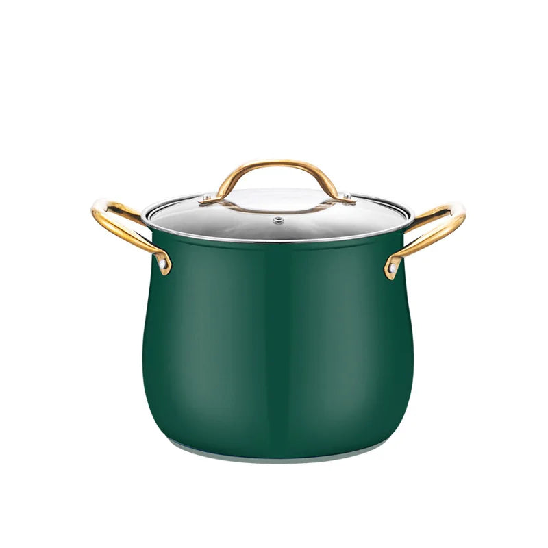 Stainless Steel Soup Pot with Glass Lid & Gold Handles – Thickened Base, Induction Compatible, Great for Soups, Stews, and Everyday Cooking green