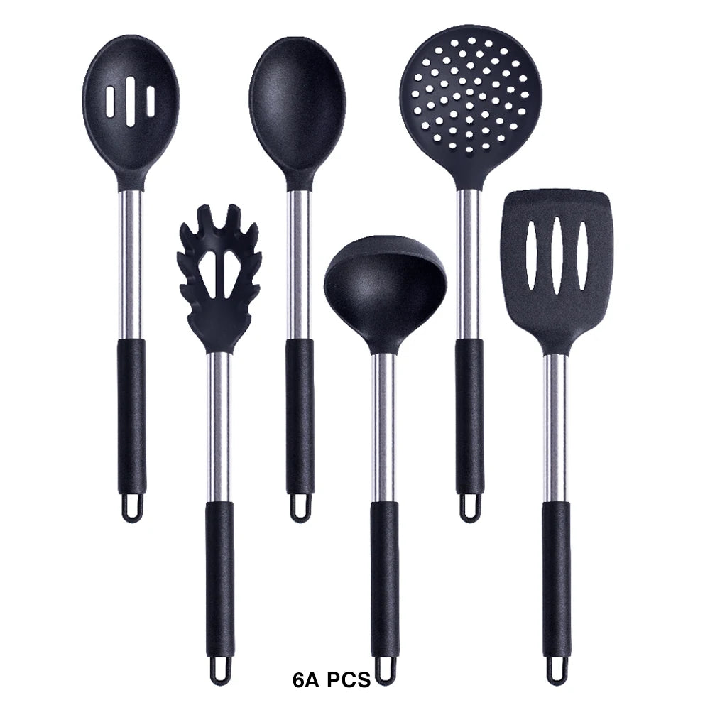 Silicone Kitchen Utensils Set with Stainless Steel Handles – Non-Stick Safe, Heat Resistant | Grey & Black | Available in 5 to 15-Piece Sets Black — 6 Piece Set
