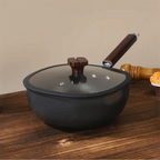 24cm Refined Iron Square Deep Skillet with Glass Lid & Wooden Handle – No Coating, Flat Bottom, Deep Wok-Style Stir Fry Pan, Great Cookware for Frying, Boiling, and Stir-Frying