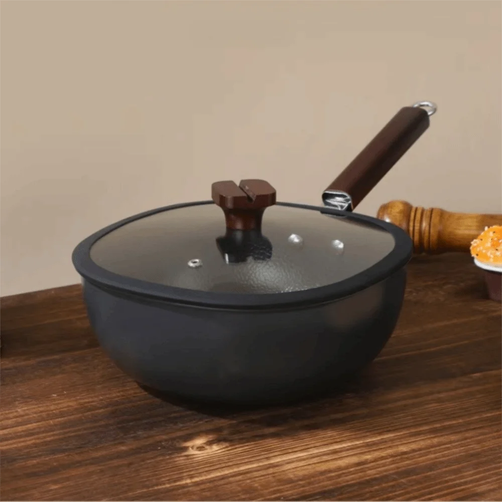 24cm Refined Iron Square Deep Skillet with Glass Lid & Wooden Handle – No Coating, Flat Bottom, Deep Wok-Style Stir Fry Pan, Great Cookware for Frying, Boiling, and Stir-Frying