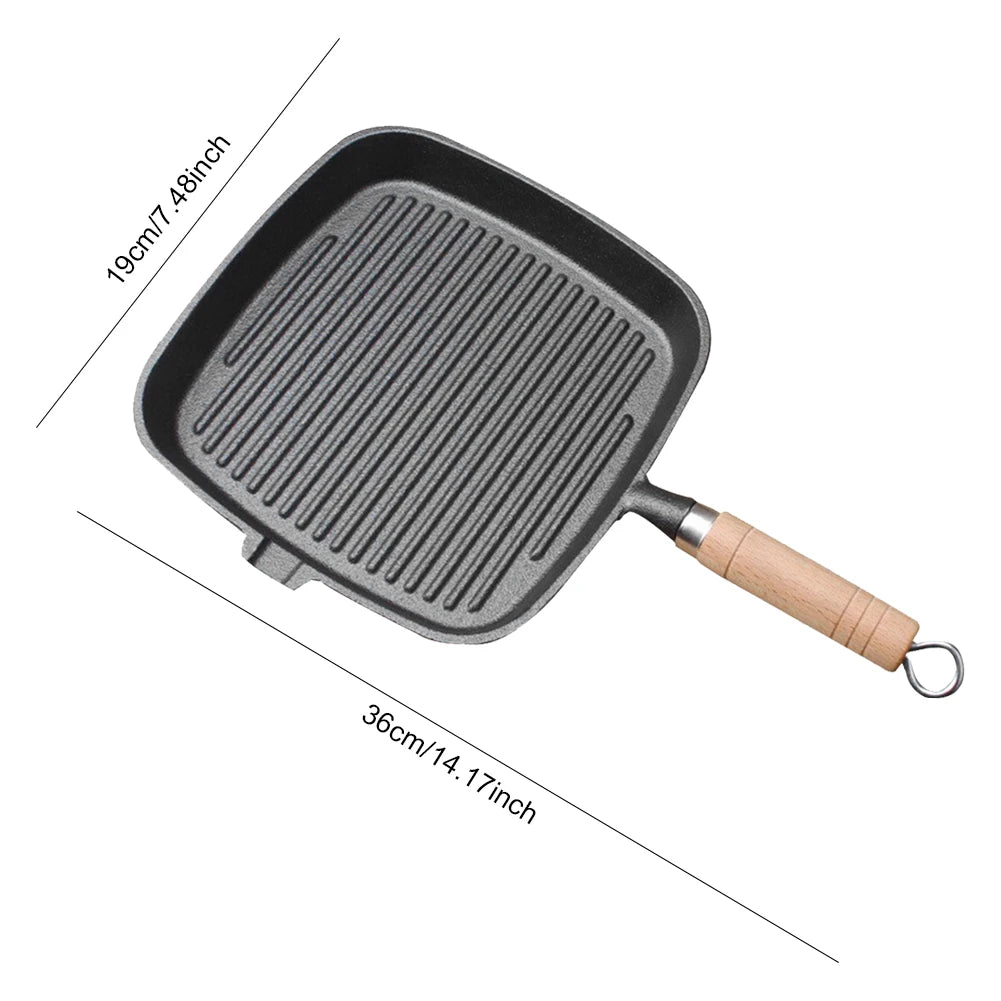 Cast Iron Skillet Frying Pan With Wooden Handle Uncoated Non Stick For Steak Camping Indoor Outdoor Use