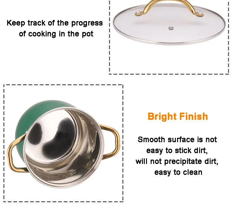 Stainless Steel Soup Pot with Glass Lid & Gold Handles – Thickened Base, Induction Compatible, Great for Soups, Stews, and Everyday Cooking