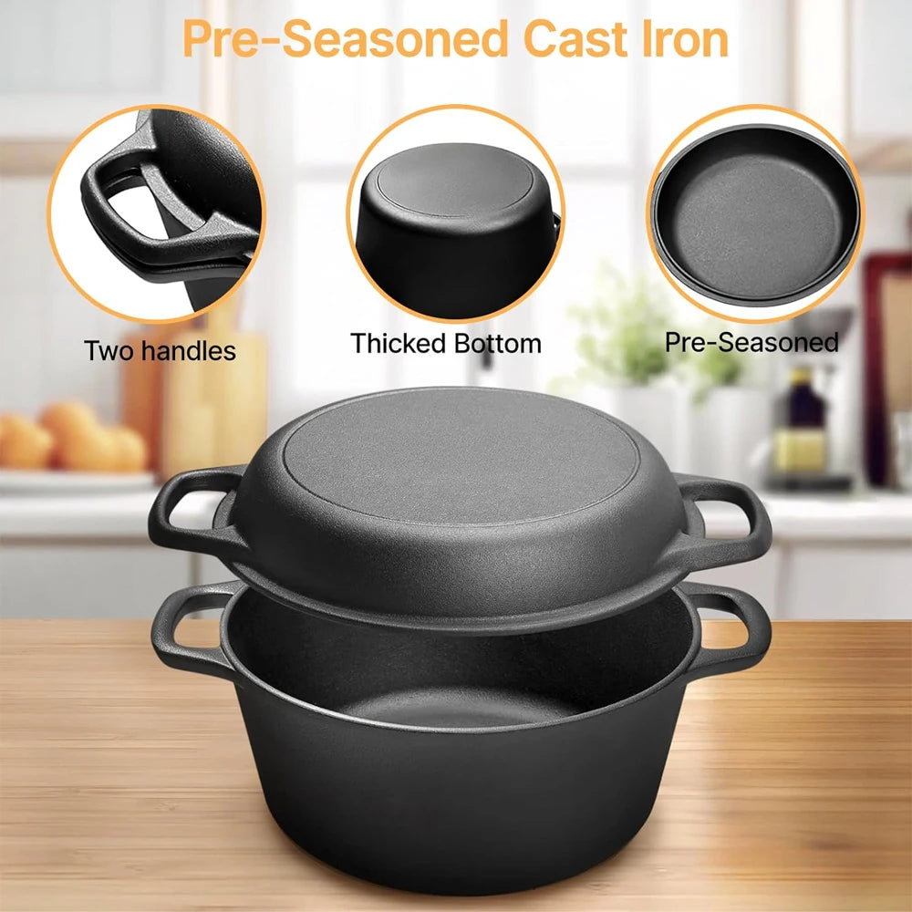 Pre-Seasoned 26cm Cast Iron Dutch Oven with Skillet Lid, Dual Handles – 2-in-1 Combo Pot & Pan Set – Includes Anti-Slip Mat & Silicone Clips, Multi-Purpose Cookware Set, Best for Frying, Searing,Stewing, Roasting, Bread, Baking, Camping & BBQ
