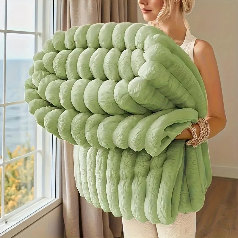 Bamboo Fibre Knitted Fleece Throw Blanket | 300GSM | All Seasons | Striped GREEN UNITED KINGDOM