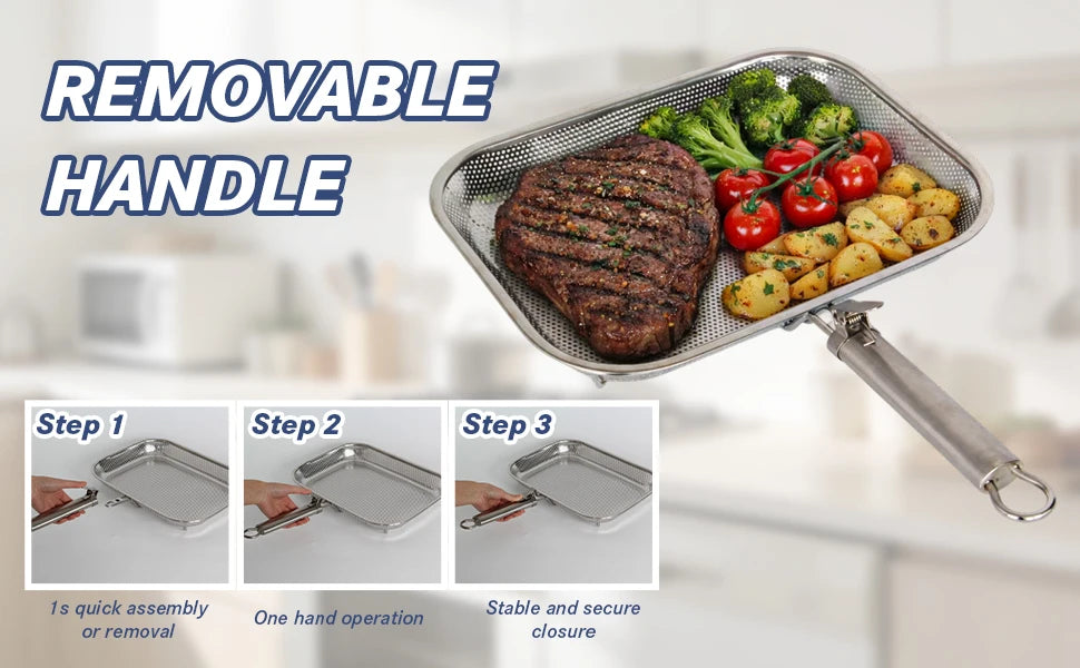 Perforated Stainless Steel Grill Basket with Detachable Handle – Rectangular BBQ Tray for Grilling Vegetables, Fish, and Meat, Ideal for Outdoor Cooking, Food-Grade Stainless Steel, Anti-Rust, Multi-Use, Easy Cleaning