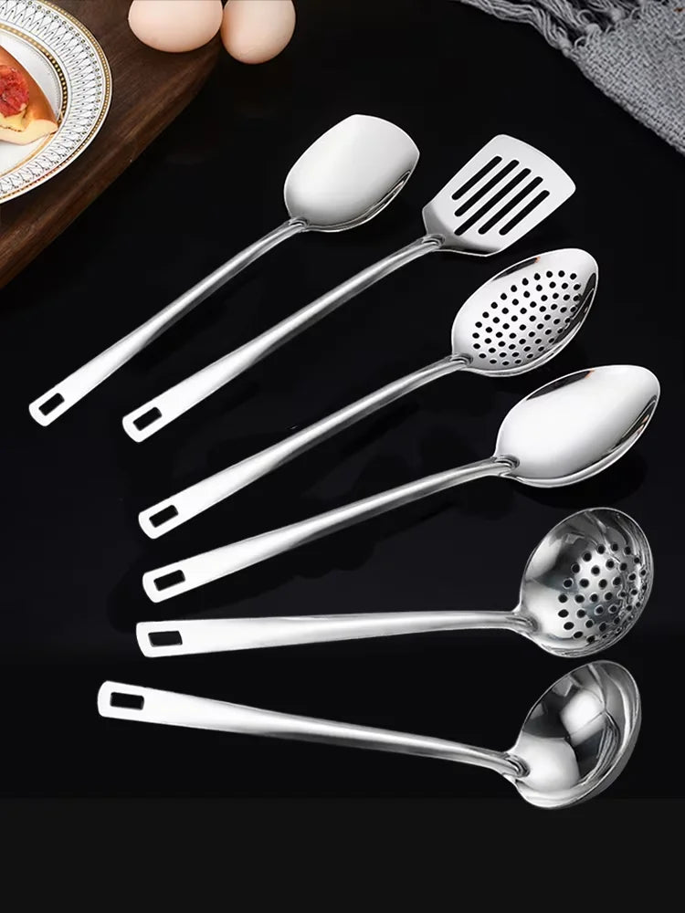 6-Piece Stainless Steel Kitchen Utensil Set – Heat-Resistant with Ergonomic Handles & Hanging Holes, Includes Slotted Spoon, Ladle, Turner, Cooking Spoon & Rice Spoon