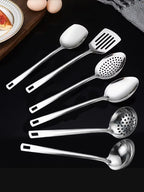 6-Piece Stainless Steel Kitchen Utensil Set – Heat-Resistant with Ergonomic Handles & Hanging Holes, Includes Slotted Spoon, Ladle, Turner, Cooking Spoon & Rice Spoon