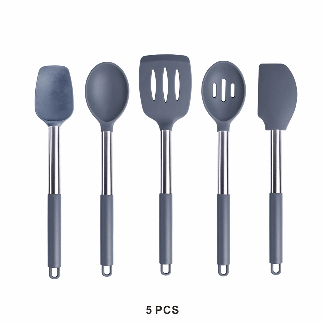 Silicone Kitchen Utensils Set with Stainless Steel Handles – Non-Stick Safe, Heat Resistant | Grey & Black | Available in 5 to 15-Piece Sets Grey — 5 Piece Set
