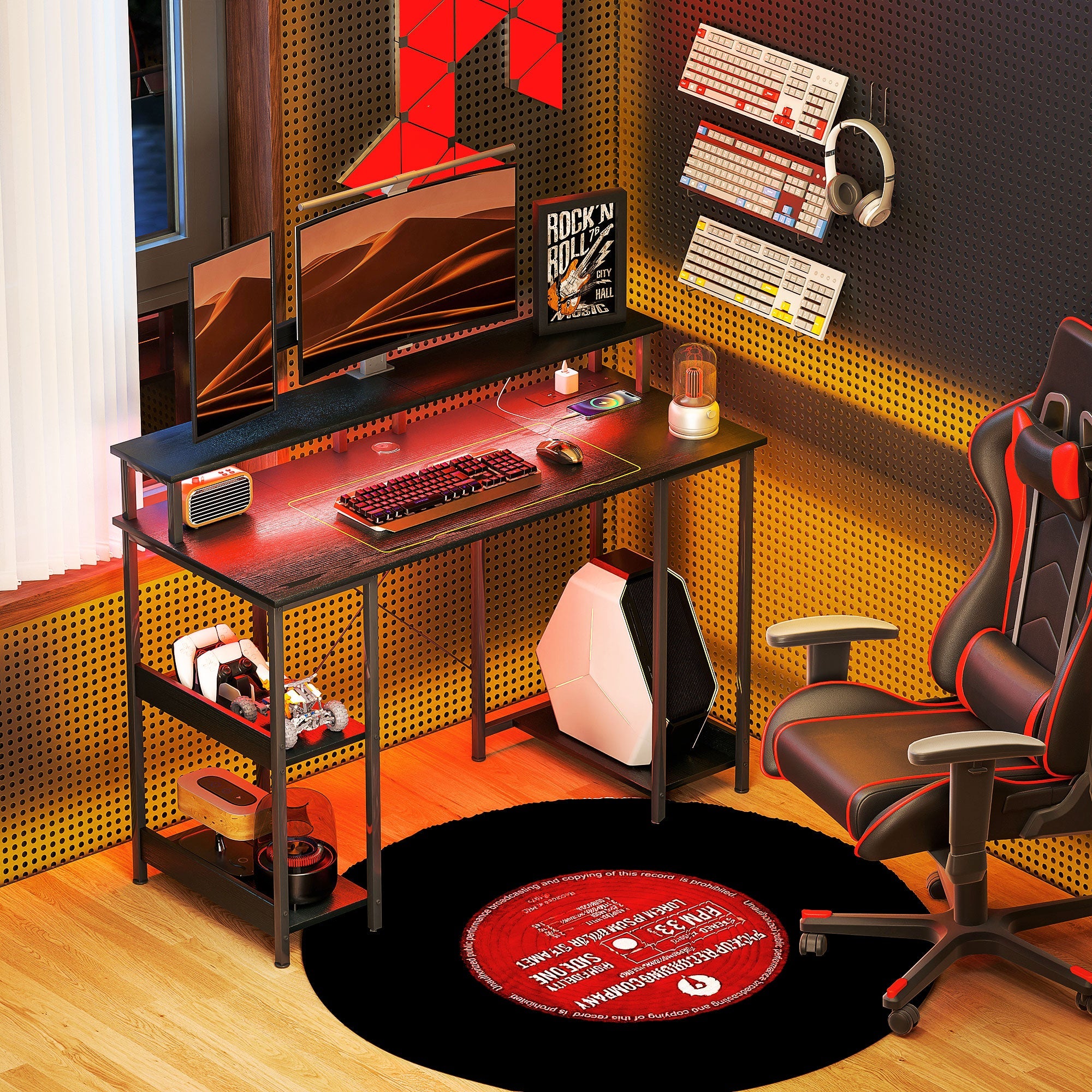 Computer Desk with Power Outlets and LED Lights, 120 x 50cm Reversible Home Office Desk with Monitor Stand and 2-Tier Storage Shelves, Gaming Desk with Cable Management, Black
