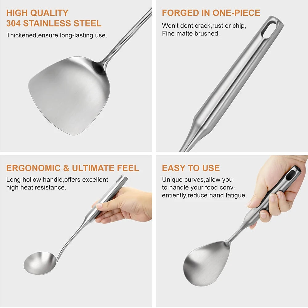 Stainless Steel Kitchen Utensils Set – Long 304 Stainless Steel Cooking Utensil Set, Includes Ladle, Whisk, Tongs, Spatula, Skimmer, Turner, Pasta Server & More, Heat-Resistant & Dishwasher Safe, Available in 3 Sizes