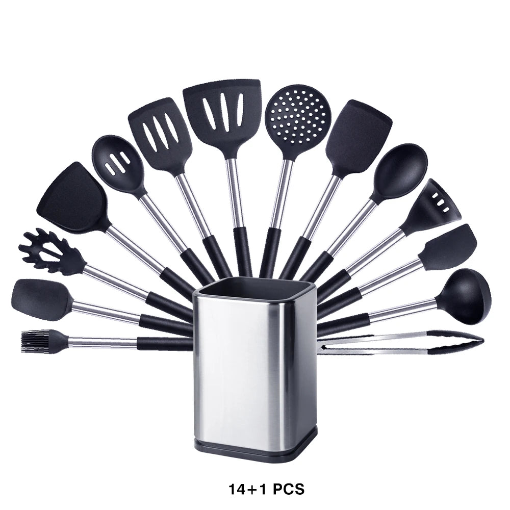 Silicone Kitchen Utensils Set with Stainless Steel Handles – Non-Stick Safe, Heat Resistant | Grey & Black | Available in 5 to 15-Piece Sets Black — 14 Piece Set with Holder