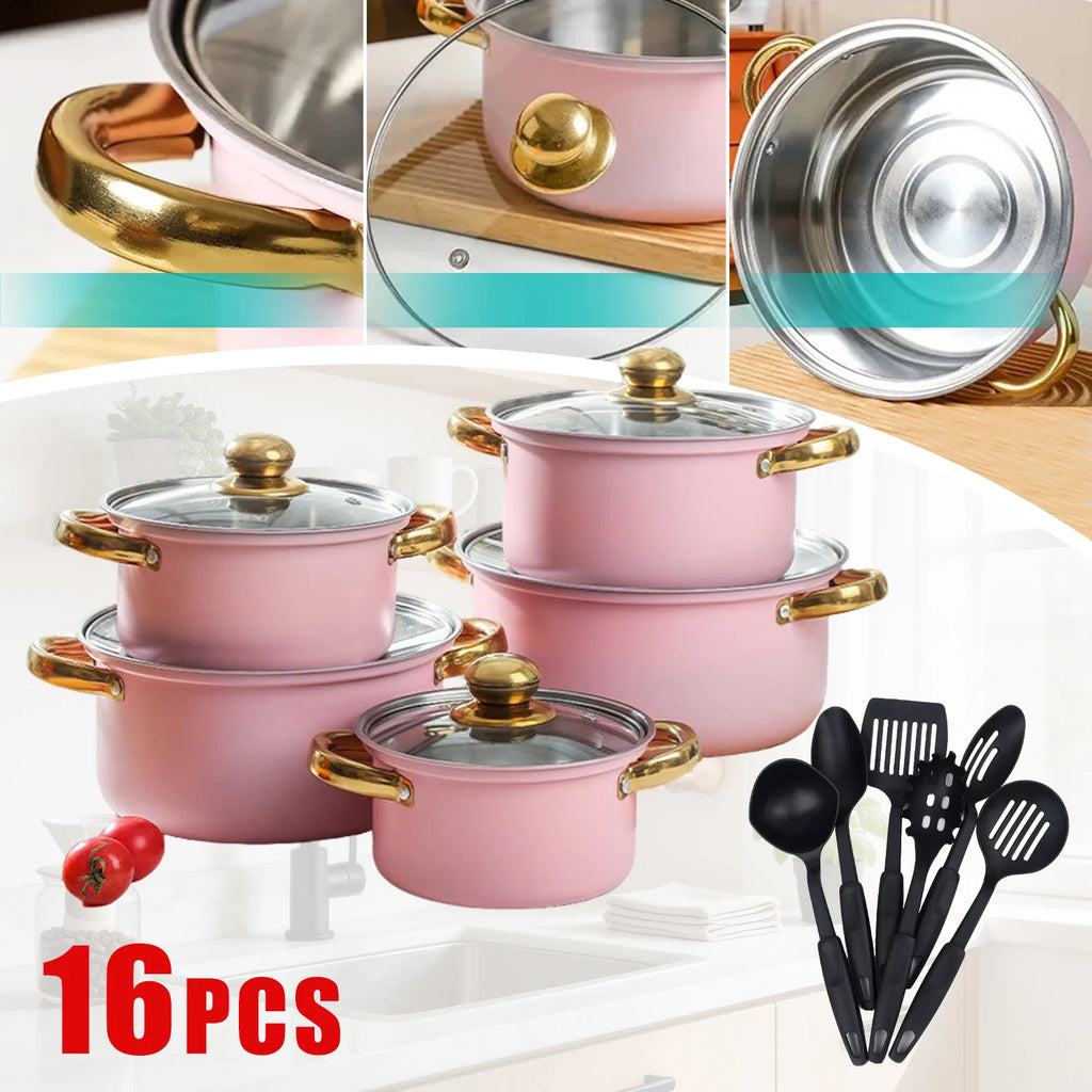16-Piece Pink Stainless Steel Cookware & Kitchenware Set – Cooking Pots and Stockpots with Glass Lids, Silicone Kitchen Utensils, Stylish Cookware for Everyday Cooking