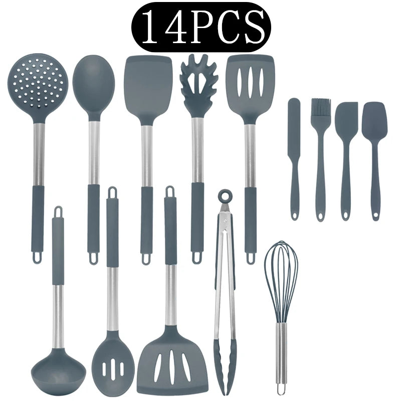 Silicone Kitchen Utensils Set with Stainless Steel Handles – Non-Stick, Heat-Resistant Cooking Utensils for Everyday Cooking & Baking, Available in 4 Colours & Multiple Set Sizes 14-Piece Grey