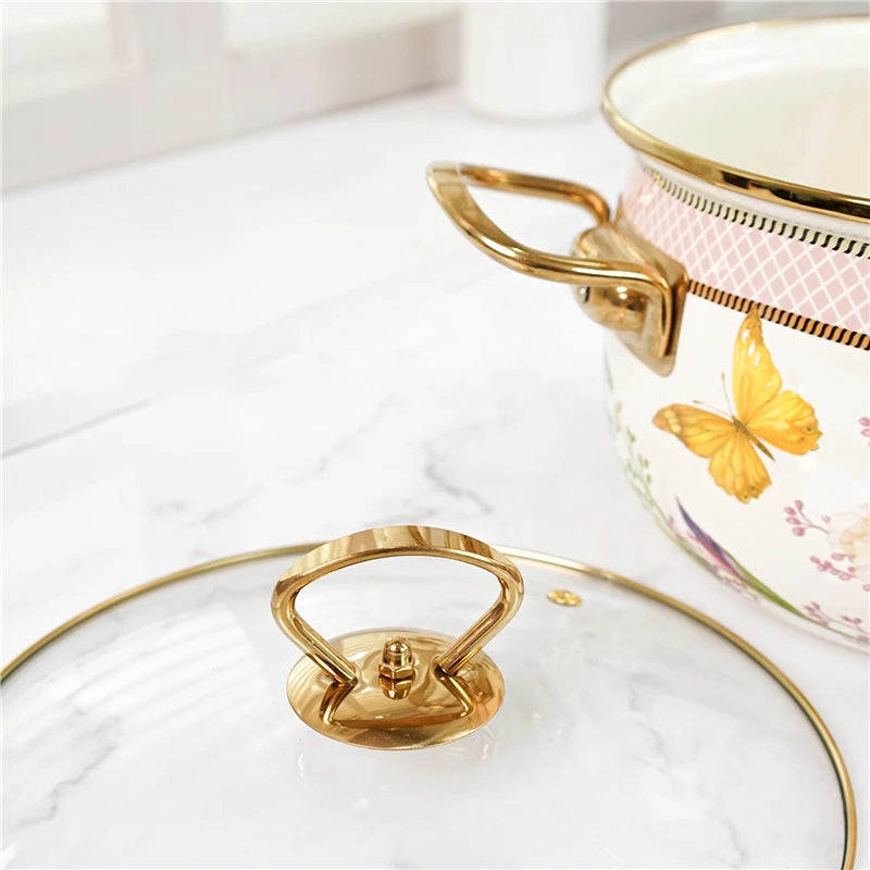 Retro Floral Enamel Stew Pot with Lid | Double Handle | 2 Designs | 2.8L–5L