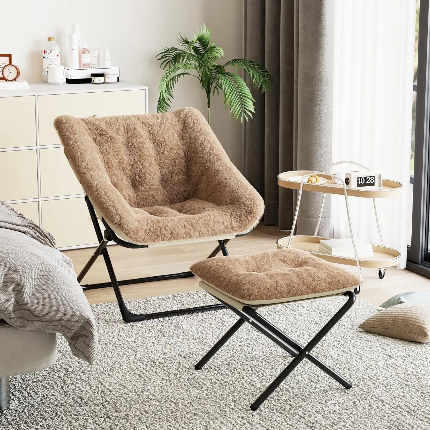 Faux Fur Foldable Lounge Chair with Ottoman | Steel Frame | 5 Colours coffee UNITED KINGDOM
