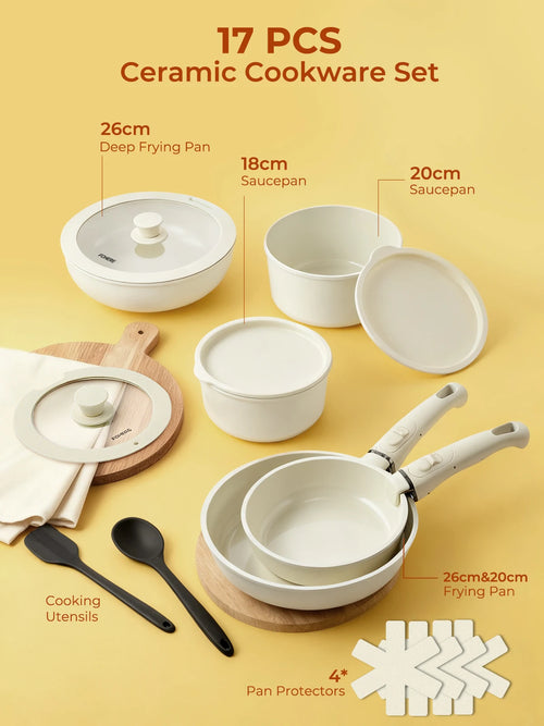 17-Piece Ceramic Non-Stick Cookware Set with Detachable Handles, Glass Lids, Plastic Storage Lids, Cooking Utensils & Pan Protectors, Die-Cast Aluminum Stackable Pots and Pans Set, Induction Compatible Frying Pans, Saucepans & Deep Frying Pan United Kingdom