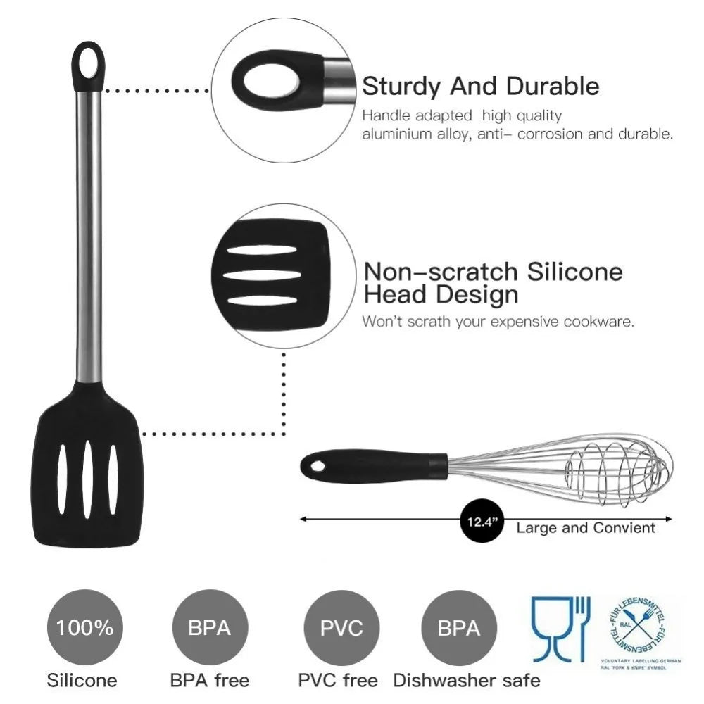 9-Piece Silicone Kitchen Utensils Set with Kitchen Utensils Storage Holder – Non-Scratch, Heat Resistant & Dishwasher Safe