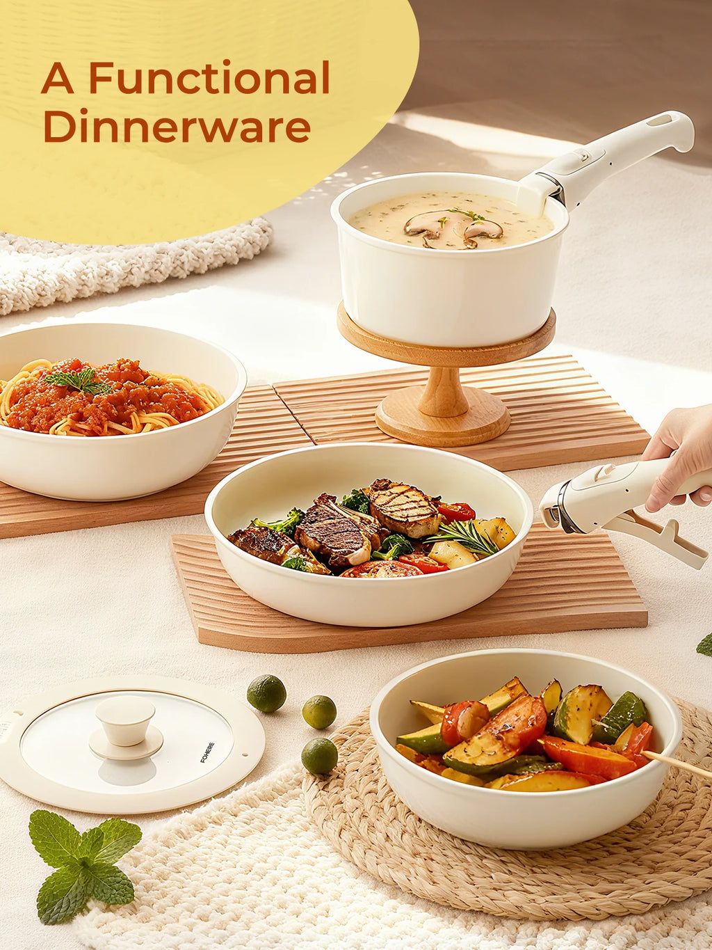 17-Piece Ceramic Non-Stick Cookware Set with Detachable Handles, Glass Lids, Plastic Storage Lids, Cooking Utensils & Pan Protectors, Die-Cast Aluminum Stackable Pots and Pans Set, Induction Compatible Frying Pans, Saucepans & Deep Frying Pan
