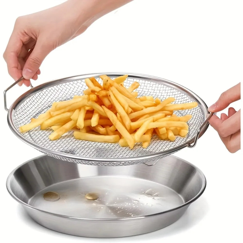 Multi-Use Round Stainless Steel Frying Oil Strainer/Drainer Mesh Rack with Elevated Handles and Drip Tray Set, 2-in-1 Mesh Basket & Tray Combo for Fried Foods, Chicken, Fries & Tempura, Strainer, Vegetable Washing & Baking Cooling