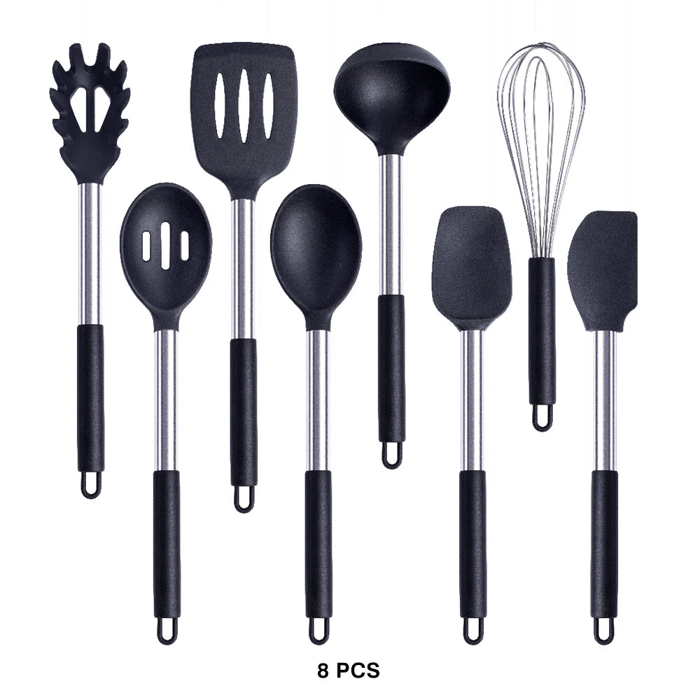 Silicone Kitchen Utensils Set with Stainless Steel Handles – Non-Stick Safe, Heat Resistant | Grey & Black | Available in 5 to 15-Piece Sets Black — 8 Piece Set