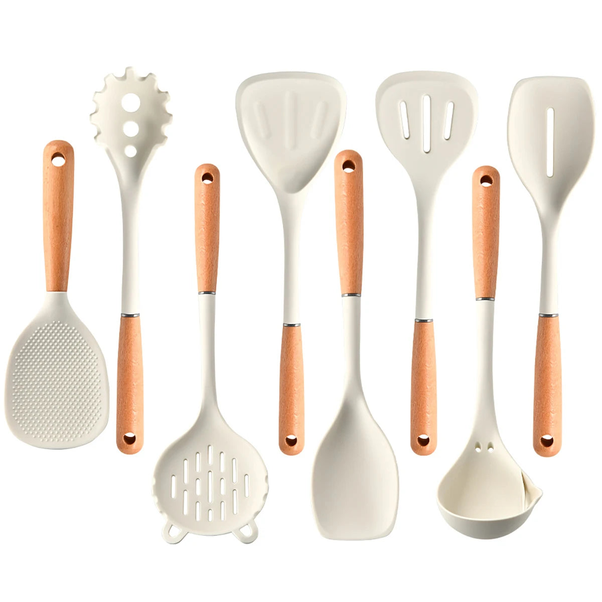 8-Piece Silicone Kitchen Utensils Set with Wooden Handles – Non-Stick Safe | Cream, White & Green white