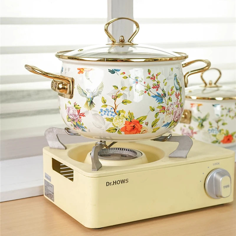 Retro Floral Enamel Soup Pot with Lid | Gas & Induction | 4 Designs | 2L–5.5L