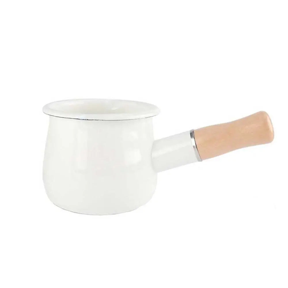 Mini Enamel Milk Pan with Wooden Handle | 500ml | 3 Colours white