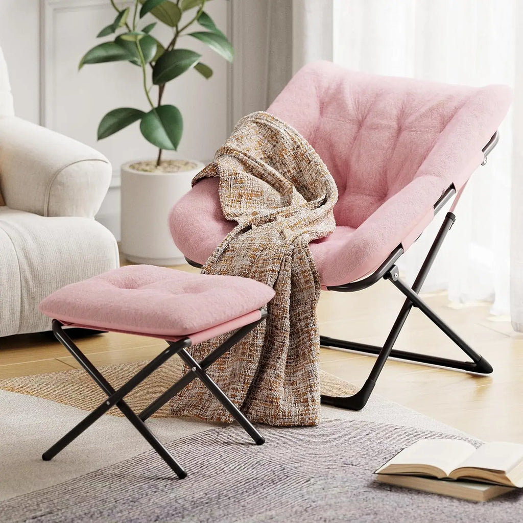 Faux Fur Foldable Lounge Chair with Ottoman | Steel Frame | 5 Colours