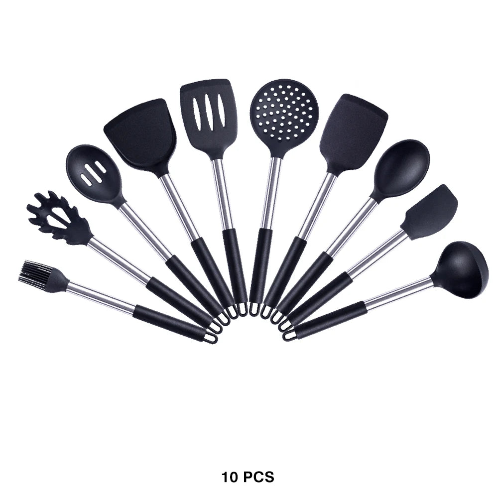 Silicone Kitchen Utensils Set with Stainless Steel Handles – Non-Stick Safe, Heat Resistant | Grey & Black | Available in 5 to 15-Piece Sets Black — 10Piece Set