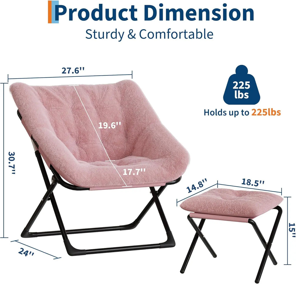 Faux Fur Foldable Lounge Chair with Ottoman | Steel Frame | 5 Colours